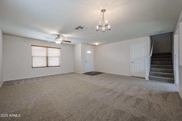 4804 S 25th Dr, Phoenix, AZ 85041 - unfurnished living room featuring stairway, ceiling fan, a chandelier, carpet flooring, and baseboards