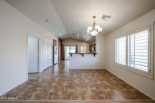 unfurnished room featuring visible vents, vaulted ceiling, baseboards, a chandelier, and recessed lighting