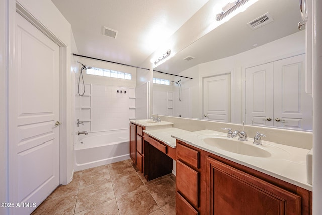 full bath with vanity, visible vents, and bathtub / shower combination