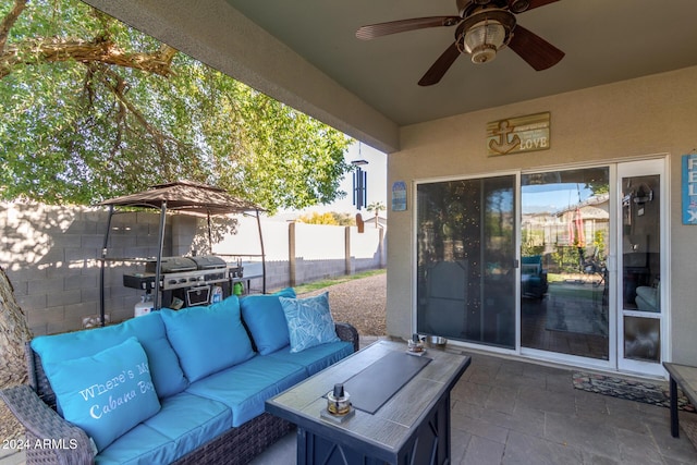 view of patio / terrace featuring outdoor lounge area, ceiling fan, and a grill