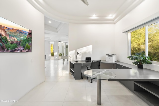 tiled home office with a tray ceiling