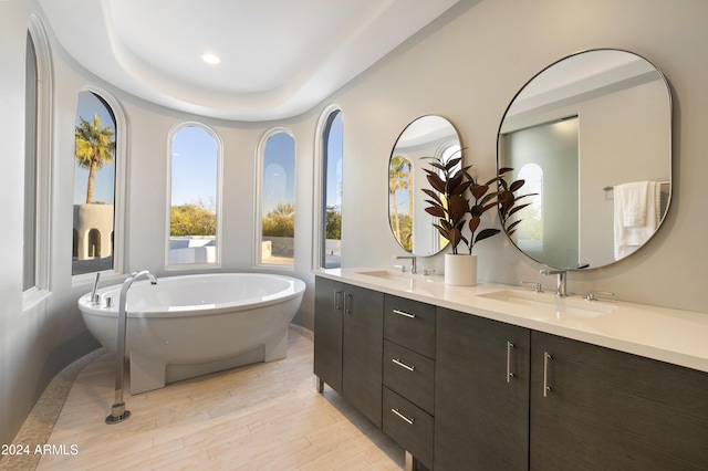 bathroom with a washtub, hardwood / wood-style floors, and vanity