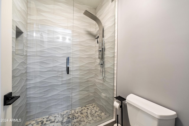 full bathroom featuring a shower stall and toilet