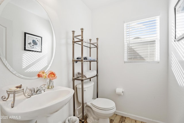 bathroom with hardwood / wood-style flooring, toilet, and sink