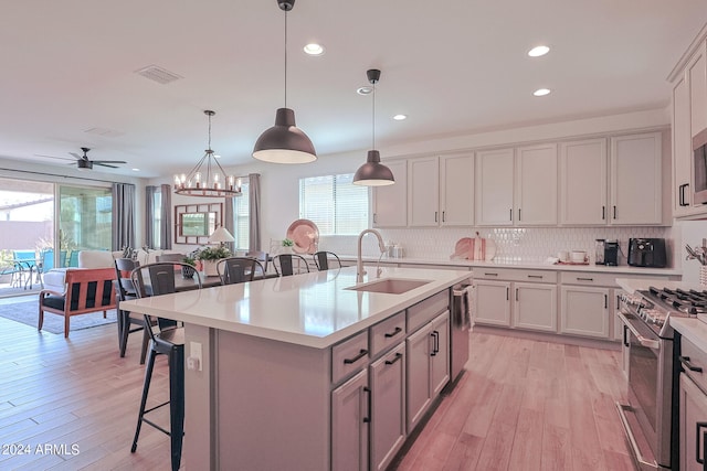 kitchen featuring pendant lighting, an island with sink, sink, appliances with stainless steel finishes, and a kitchen bar