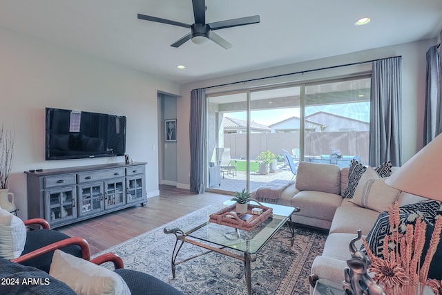 living room with ceiling fan and hardwood / wood-style flooring