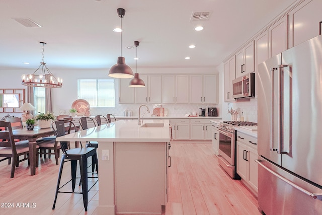 kitchen with high end appliances, a kitchen island with sink, sink, and white cabinets