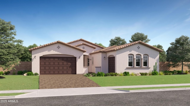 mediterranean / spanish house with a garage, fence, decorative driveway, stucco siding, and a front yard