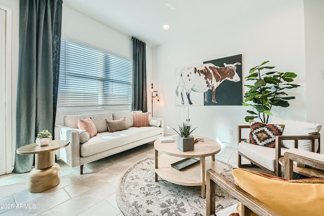 living room featuring tile patterned flooring and recessed lighting