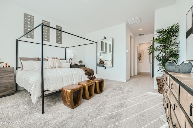 bedroom featuring recessed lighting, carpet flooring, visible vents, and baseboards