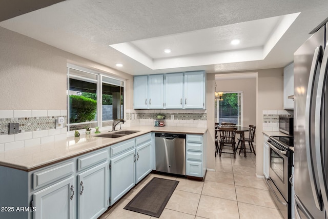 15424 N 52nd Pl, Scottsdale, AZ 85254 - kitchen with appliances with stainless steel finishes, a sink, a tray ceiling, backsplash, and recessed lighting