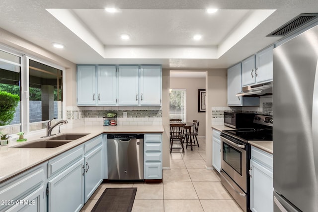 15424 N 52nd Pl, Scottsdale, AZ 85254 - kitchen featuring stainless steel appliances, under cabinet range hood, a sink, a raised ceiling, and backsplash
