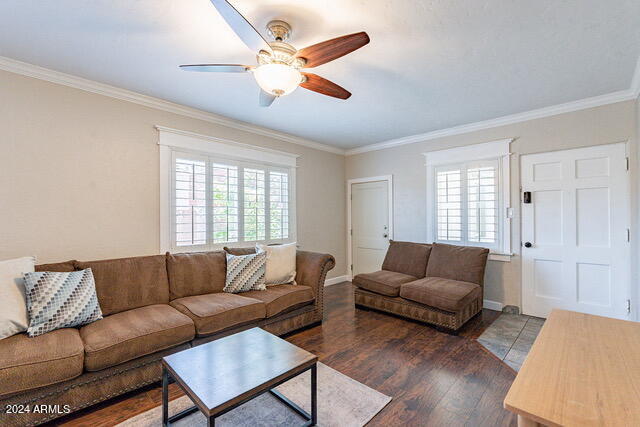 living room with ceiling fan, dark hardwood / wood-style floors, and ornamental molding