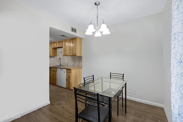 dining room with sink, dark hardwood / wood-style flooring, and an inviting chandelier