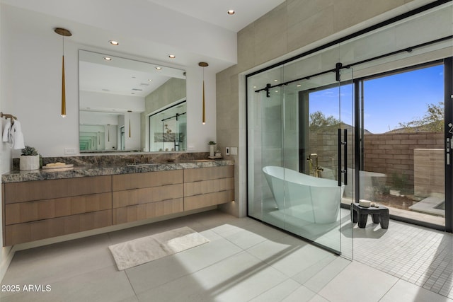 24863 N 103rd Way, Scottsdale, AZ 85255 - bathroom with tile patterned flooring, vanity, a freestanding tub, recessed lighting, and a stall shower