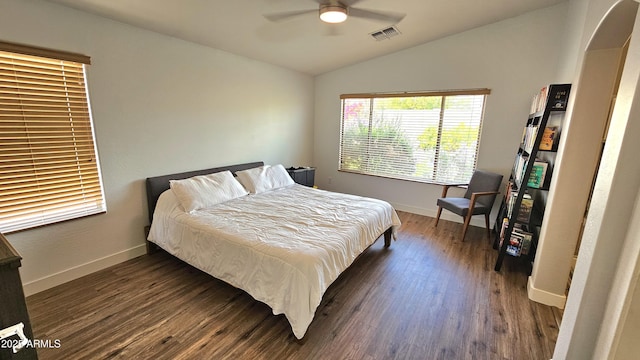 3002 W Caravaggio Ln, Phoenix, AZ 85086 - bedroom with vaulted ceiling, baseboards, dark wood-type flooring, arched walkways, and a ceiling fan