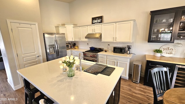 3002 W Caravaggio Ln, Phoenix, AZ 85086 - kitchen with stainless steel appliances, under cabinet range hood, dark wood-style floors, and tasteful backsplash
