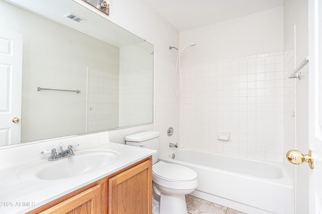 bathroom featuring tile patterned flooring, visible vents, toilet, shower / bathing tub combination, and vanity