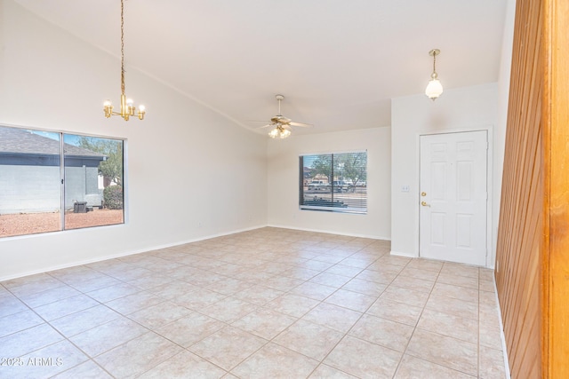 spare room with light tile patterned floors, ceiling fan with notable chandelier, baseboards, and lofted ceiling