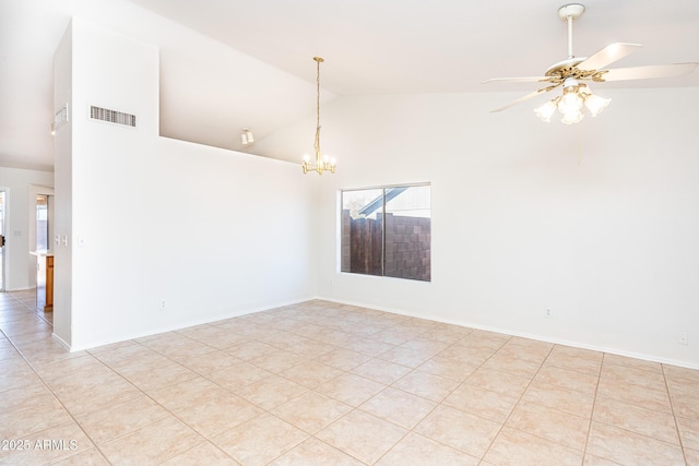 spare room with visible vents, high vaulted ceiling, light tile patterned flooring, and ceiling fan with notable chandelier