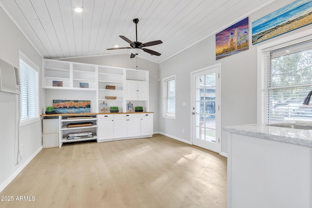 kitchen with sink, white cabinetry, ceiling fan, light hardwood / wood-style floors, and wood ceiling