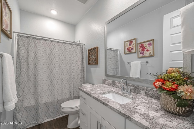 9757 E Red Giant Dr, Mesa, AZ 85212 - full bathroom featuring wood finished floors, vanity, toilet, and a shower with curtain