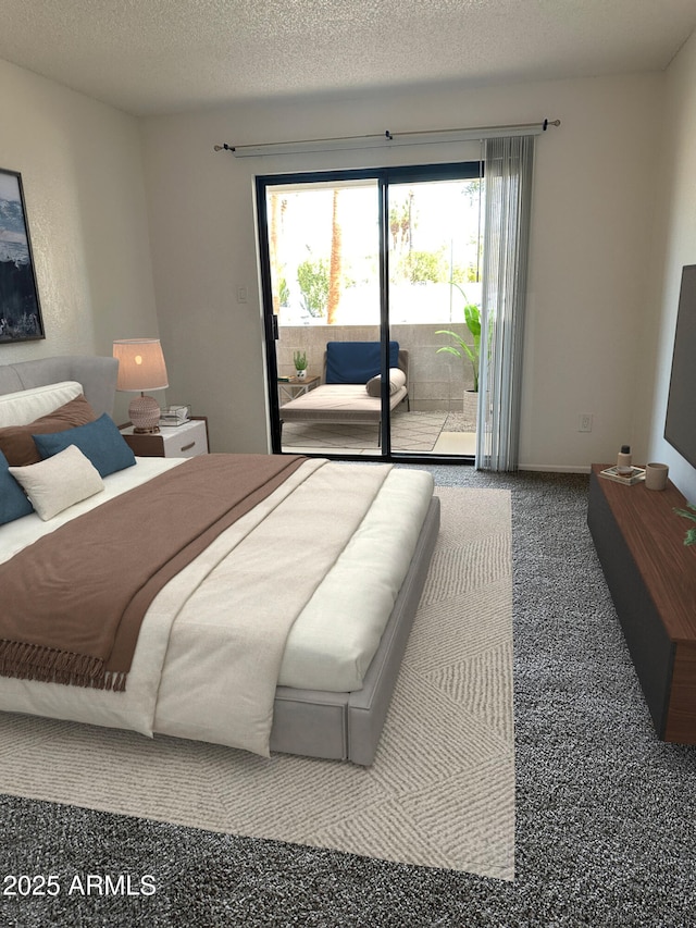 carpeted bedroom featuring access to outside and a textured ceiling