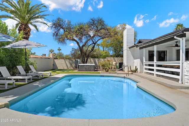 6271 E Evans Dr, Scottsdale, AZ 85254 - view of pool featuring a fenced in pool, a patio area, a fenced backyard, and a ceiling fan