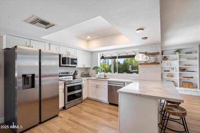 6271 E Evans Dr, Scottsdale, AZ 85254 - kitchen featuring visible vents, a sink, a peninsula, a tray ceiling, and stainless steel appliances