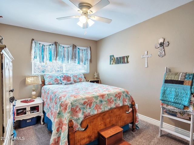 bedroom with ceiling fan and carpet flooring