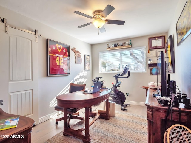 home office with hardwood / wood-style floors and ceiling fan