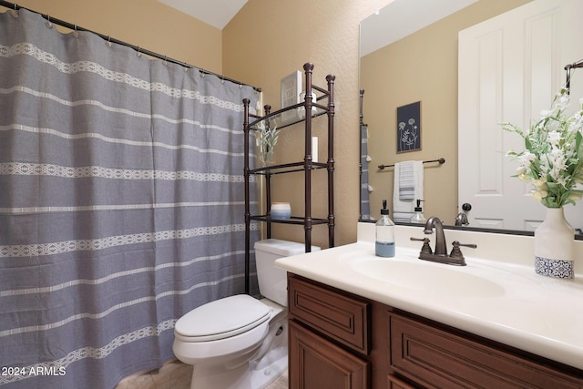 full bath with toilet, tile patterned floors, a shower with shower curtain, and vanity