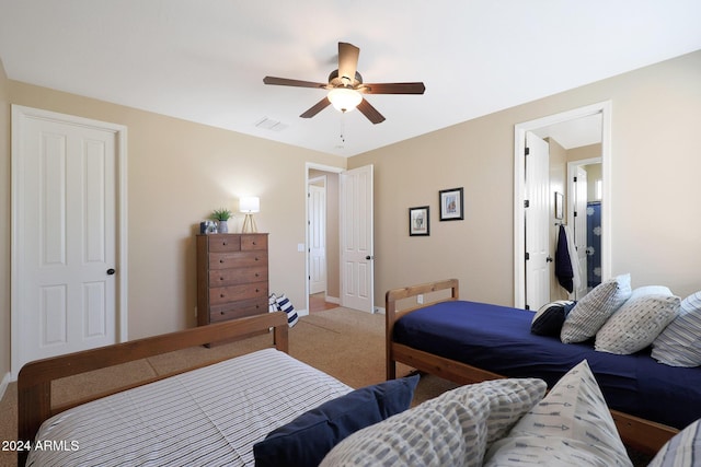 bedroom featuring carpet floors, a ceiling fan, baseboards, and visible vents