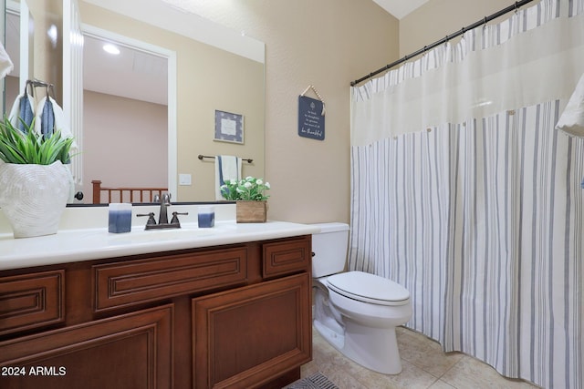 full bath featuring vanity, tile patterned floors, a shower with curtain, and toilet