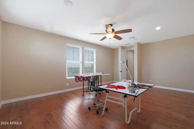 home office with baseboards, ceiling fan, recessed lighting, and wood finished floors