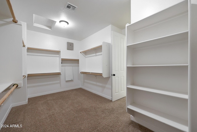 walk in closet with carpet flooring, attic access, and visible vents