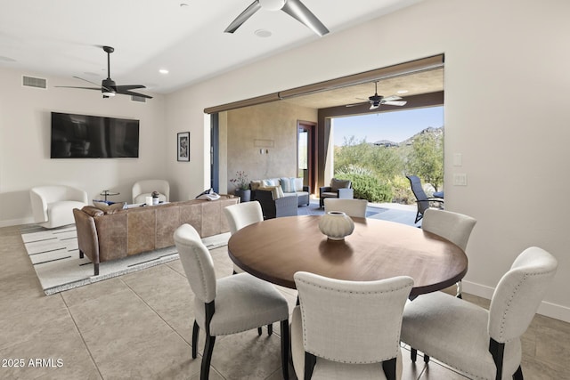 dining area with baseboards, visible vents, ceiling fan, and recessed lighting