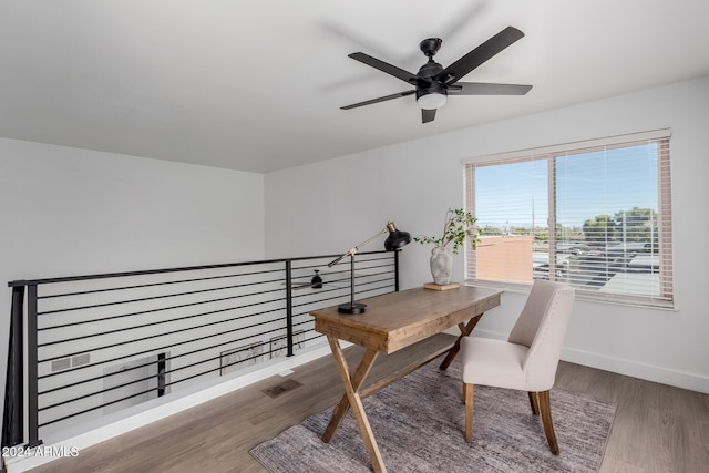 office area featuring ceiling fan and hardwood / wood-style flooring