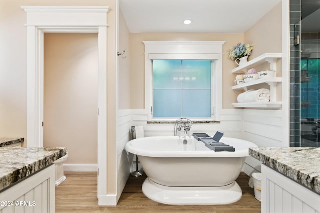 bathroom with vanity, plus walk in shower, and hardwood / wood-style flooring