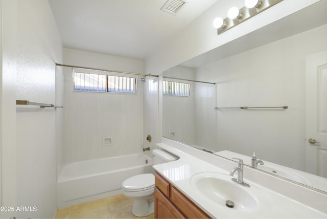 bathroom featuring shower / bathtub combination, toilet, vanity, visible vents, and tile patterned floors