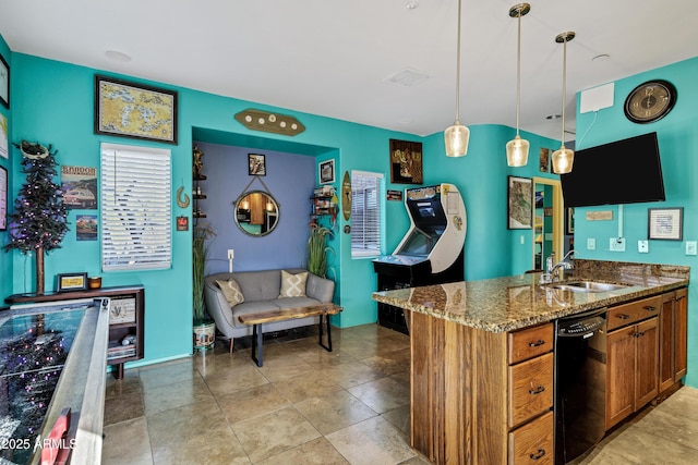 26475 N Wrangler Rd, Scottsdale, AZ 85255 - kitchen featuring dishwasher, brown cabinetry, dark stone counters, and pendant lighting