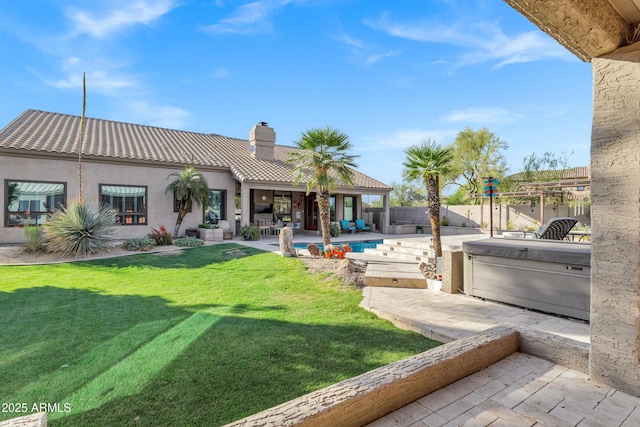26475 N Wrangler Rd, Scottsdale, AZ 85255 - rear view of house with a patio, a fenced backyard, a chimney, a tiled roof, and stucco siding