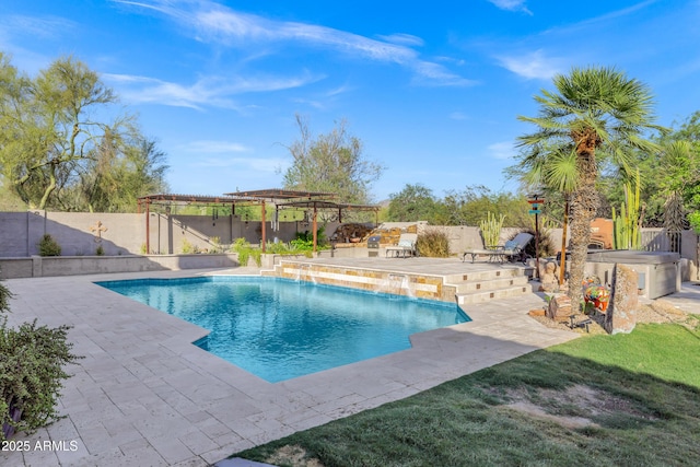 26475 N Wrangler Rd, Scottsdale, AZ 85255 - view of pool featuring a hot tub, a pergola, a fenced backyard, and a patio area