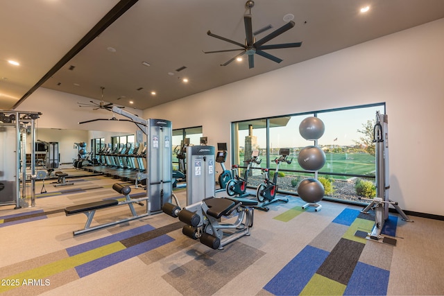 workout area with ceiling fan