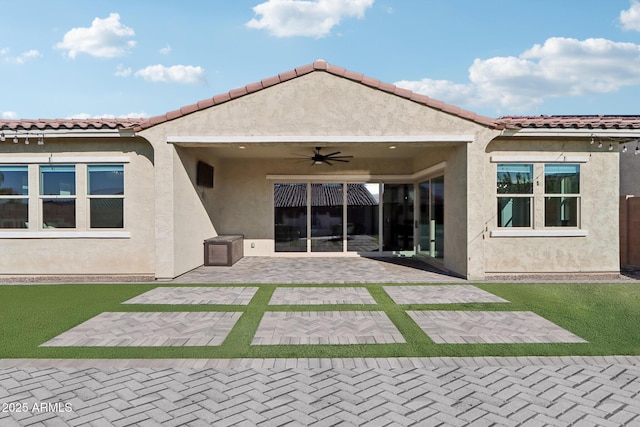 rear view of house with a patio area, ceiling fan, and a lawn