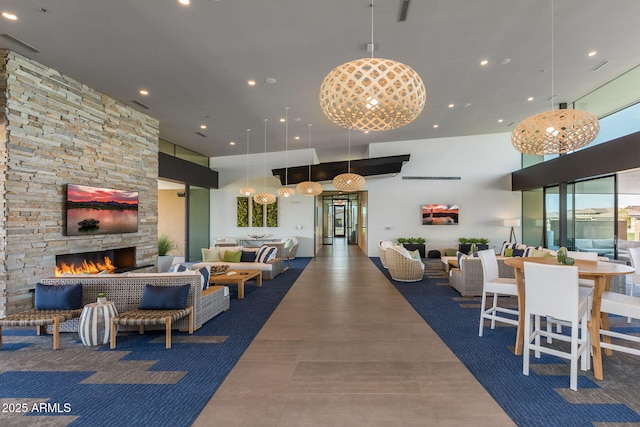 interior space featuring a stone fireplace