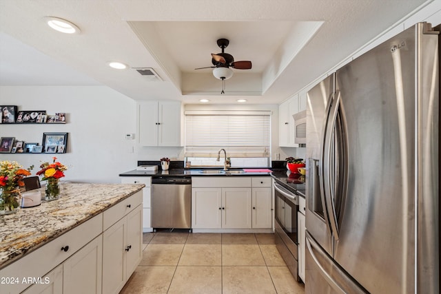 kitchen featuring white cabinetry, sink, light stone countertops, stainless steel appliances, and a tray ceiling