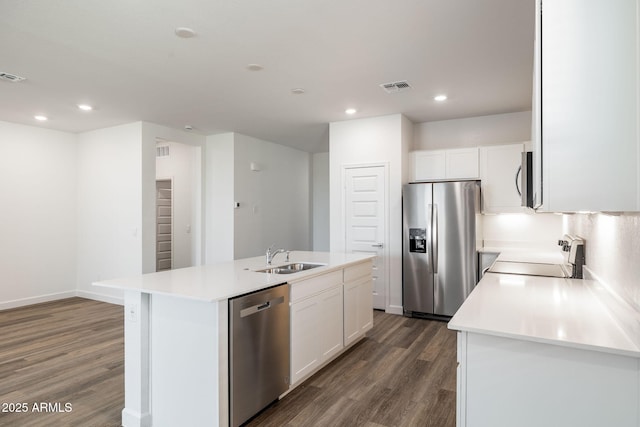 kitchen with a center island with sink, stainless steel appliances, visible vents, white cabinetry, and a sink