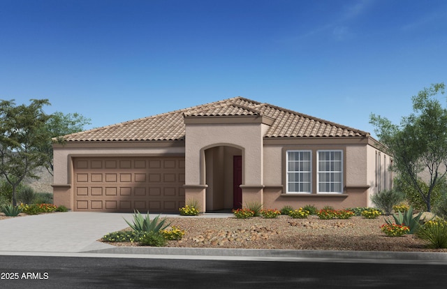 24661 W Jessica Ln, Buckeye, AZ 85326 - mediterranean / spanish home with an attached garage, a tiled roof, driveway, and stucco siding