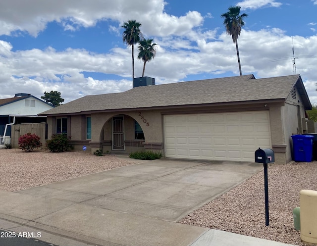 single story home featuring stucco siding, concrete driveway, an attached garage, and roof with shingles